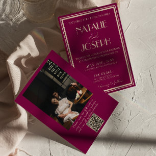 Elegant vin gammalt pengar retro foto QR-kod bröll Inbjudningar