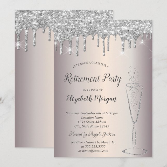 Elegant vin glas med silverglitterdroppar Pensione Inbjudningar (Fram/baksida)