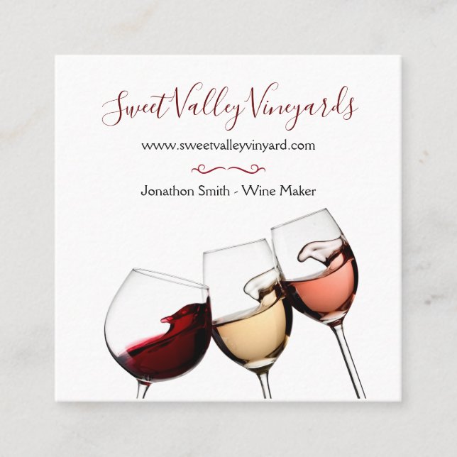 Elegant Vin Glass Burgundy White Vineyard Winery Fyrkantigt Visitkort (Framsida)