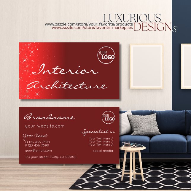 Elegant Vin Red Chic Glitter Stars med Logotyp Visitkort (Skapare uppladdad)