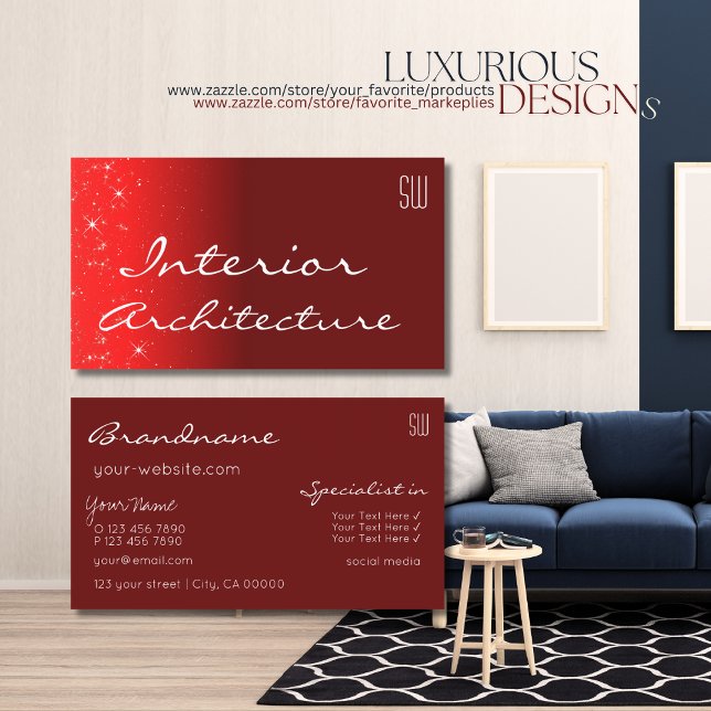 Elegant Vin Red Chic Glitter Stars med Monogram Visitkort (Skapare uppladdad)