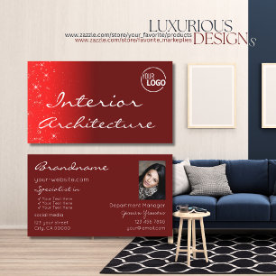 Elegant Vin Red Glitter Stars med Logotyp och foto Visitkort