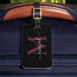 Elegant vin & svart monogram skriptnamn bagagebricka