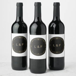 Elegant vinetikett med monogram – Svart & Guld tem Vinflaska Etikett