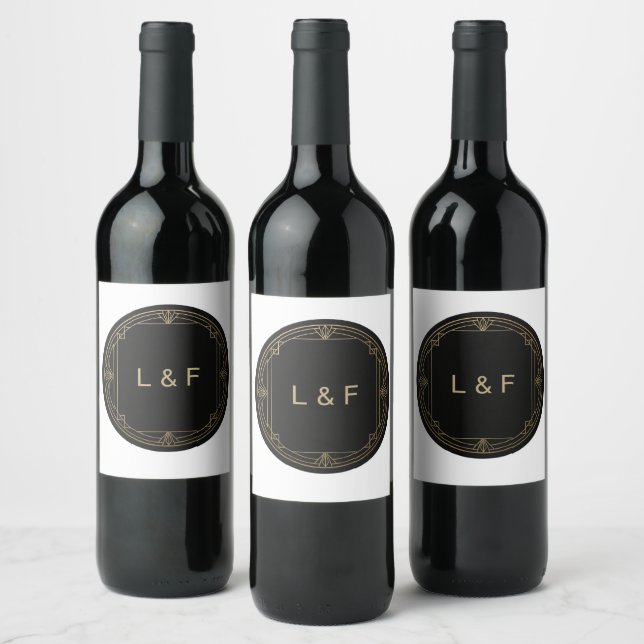Elegant vinetikett med monogram – Svart & Guld tem Vinflaska Etikett (Flaskor)