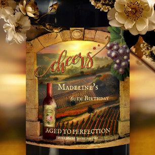 Elegant Vineyard Art Cheers Birthday Vinflaska Etikett