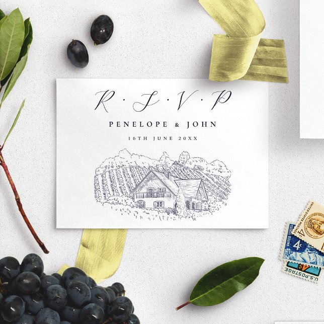 Elegant Vineyard Illustration Destination Wedding OSA Kort (Elegant Vineyard Illustration Destination Wedding RSVP Card)