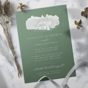 Elegant Vineyard Illustration Sage Grönt Bröllop Inbjudningar