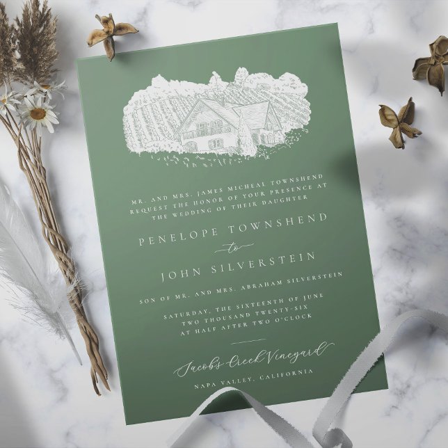 Elegant Vineyard Teckning Grönt Forme Bröllop Inbjudningar (Sage green formal wedding invitation with an illustration of a vineyard)