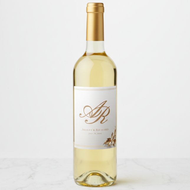 Elegant vinflasketikett med guldmonogram vinflaska etikett (personalized gold botanical wedding wine label with custom couples monogram )