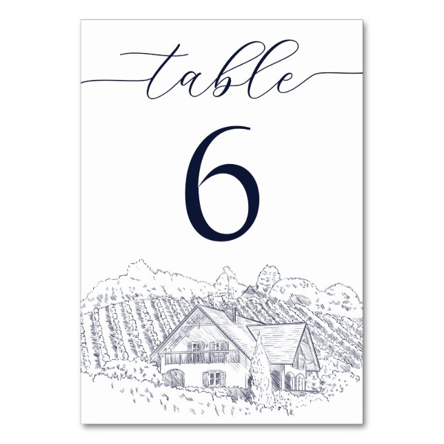 Elegant Vingårdsillustration Destination Bröllop Bordsnummer (Framsidan)