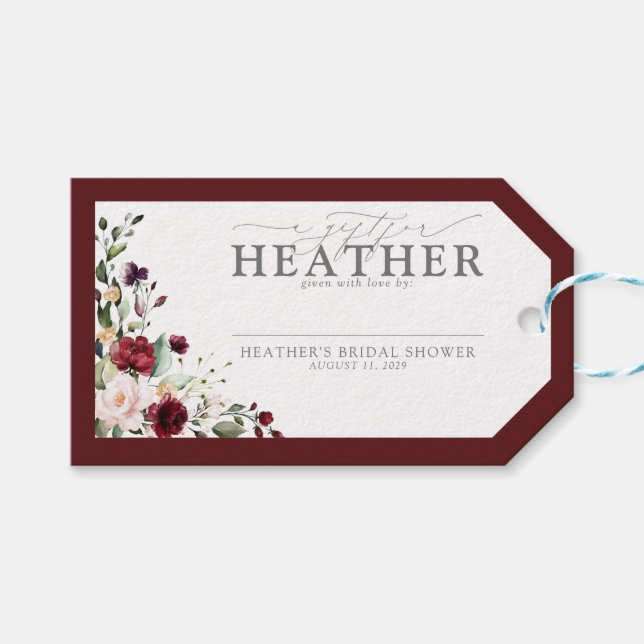 Elegant vinröd blomstertid bröllopsdusch utan omsl presentetikett (Framsidan (Horisontell))