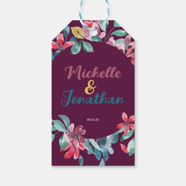 Elegant vinröd färgrik vattenfärg blommig presentetikett (Framsidan)