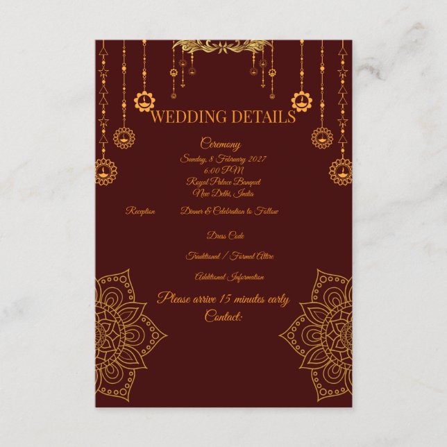 Elegant vinröd & guld bröllopsdetaljkort | tilläggskort (Framsida)