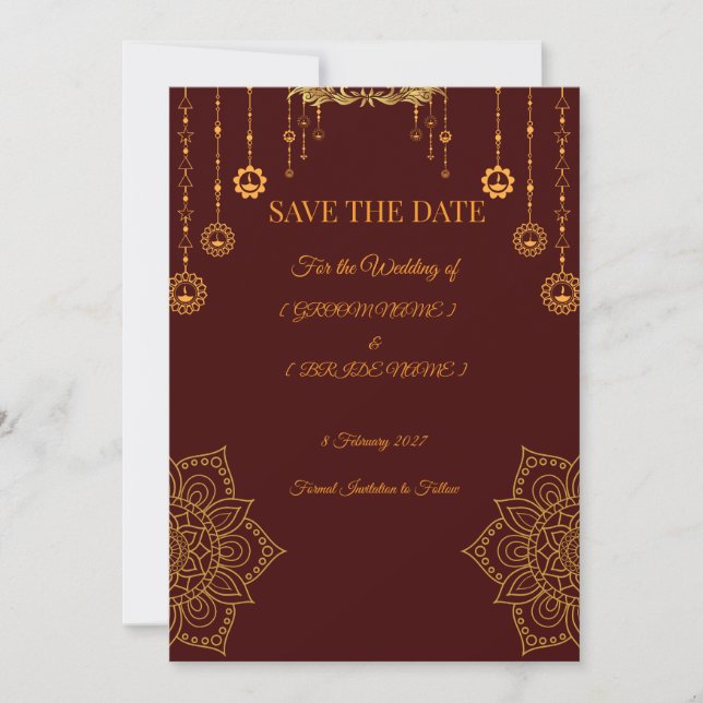 Elegant vinröd & guld Spara datum-kort Datumet (Framsida)