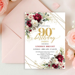 Elegant vinröd guldblommig inbjudan till 90-årsfir