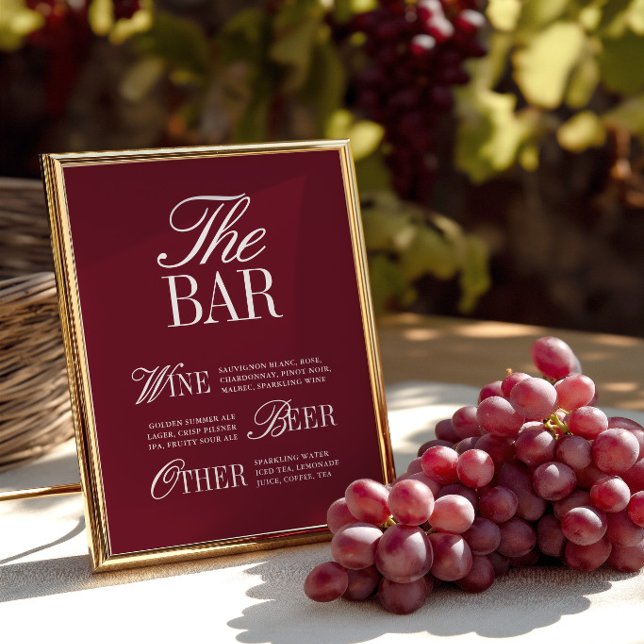 Elegant vinröd meny för baren - bröllopsskylt (Elegant Vintage Burgundy Bar Menu Wedding Sign)