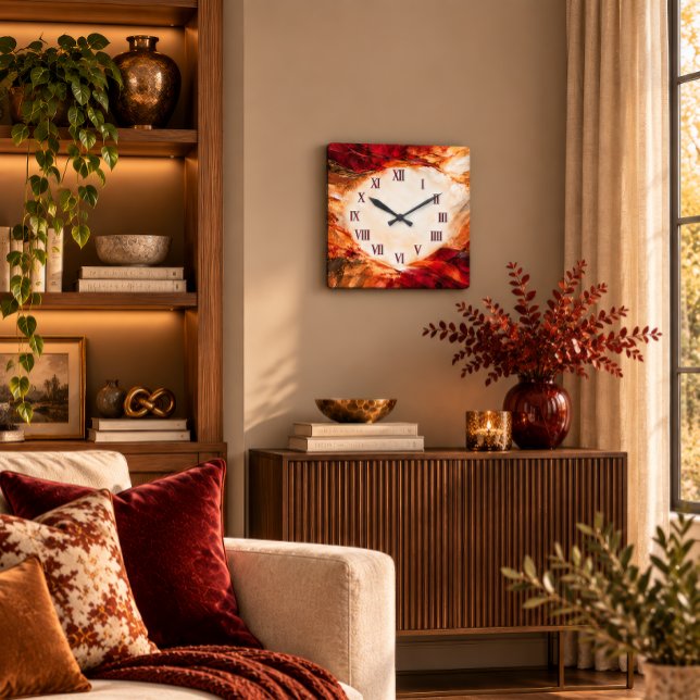 Elegant vinröd och guld abstrakt akryl väggklocka (Sophisticated square acrylic clock with a rich maroon and gold abstract design face.
)
