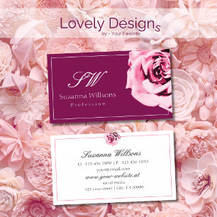 Elegant vinröd och vit rosa ros med initialer visitkort
