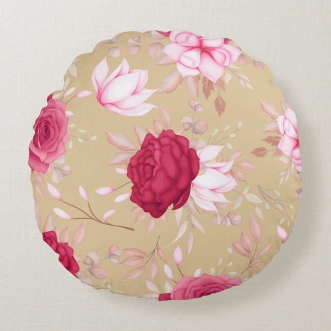 Elegant vinröd, rosa blommig rund kudde (Framsidan)