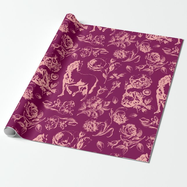 Elegant vinröd rosa häst blommönster presentpapper (Utrullad)