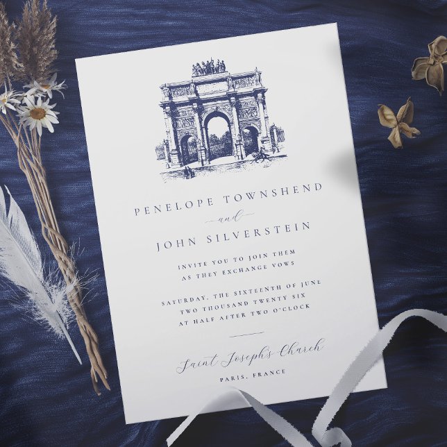 Elegant Vintage Arc de Triomphe Teckning Bröllop Inbjudningar (Elegant white wedding invitation with an illustration of the Arc de Triomphe)