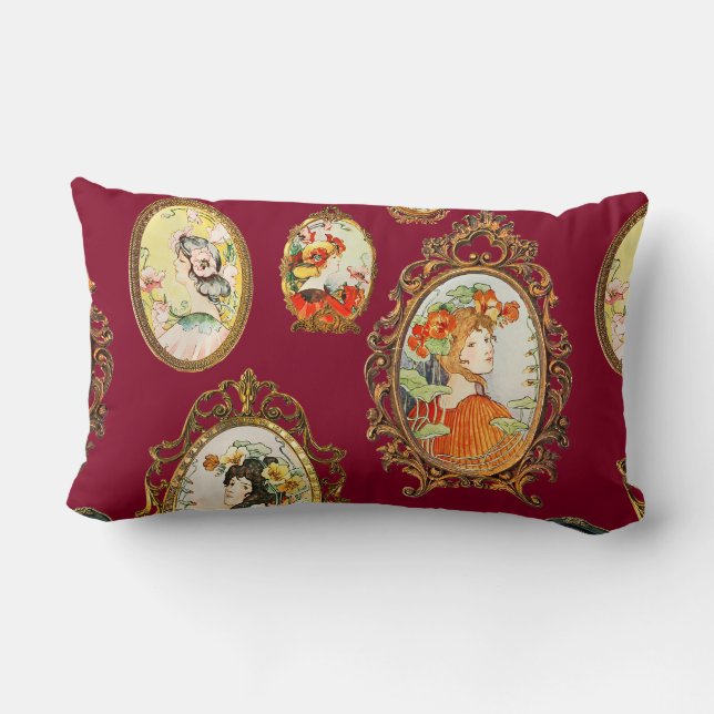 Elegant Vintage Art nouveau Girls Flowers Ramar Lumbarkudde (Baksida)