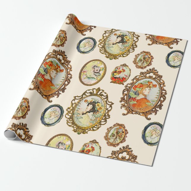 Elegant Vintage Art nouveau Girls Flowers Ramar Presentpapper (Utrullad)