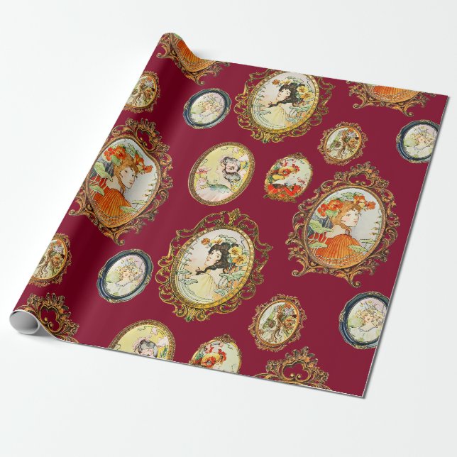 Elegant Vintage Art nouveau Girls Flowers Ramar Presentpapper (Utrullad)