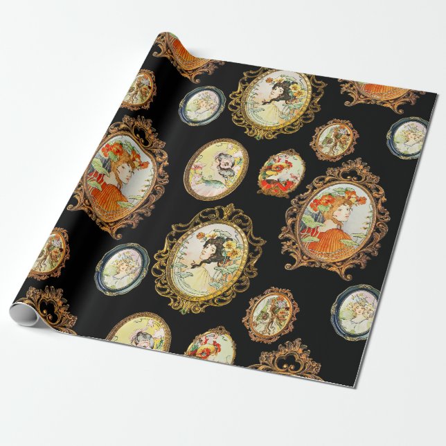 Elegant Vintage Art nouveau Girls Flowers Ramar Presentpapper (Utrullad)