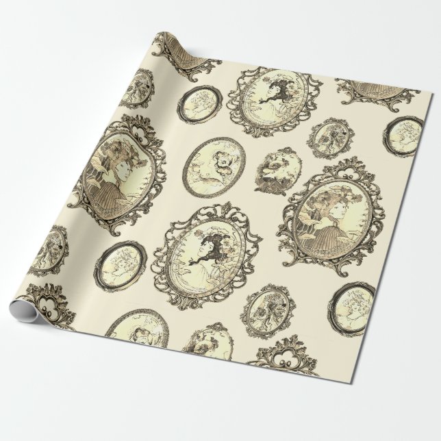 Elegant Vintage Art nouveau Girls Flowers Ramar Presentpapper (Utrullad)