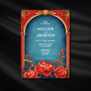 Elegant Vintage Art nouveau Red Peonies Mucha Inbjudningar
