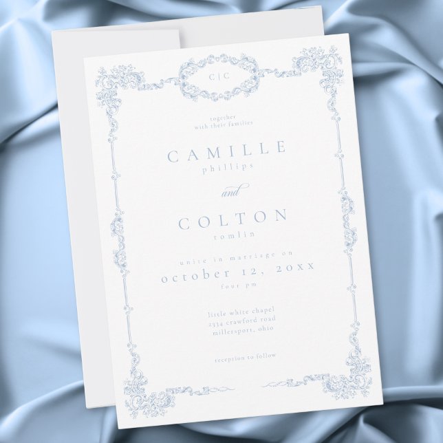 Elegant Vintage Barock Dammblå Bröllop Inbjudningar (Elegant Vintage Baroque Dusty Blue Wedding Invitation)