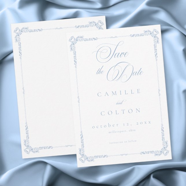 Elegant Vintage Barock Dammblå Bröllop Spara Datumet (Elegant Vintage Baroque Dusty Blue Wedding Save The Date)