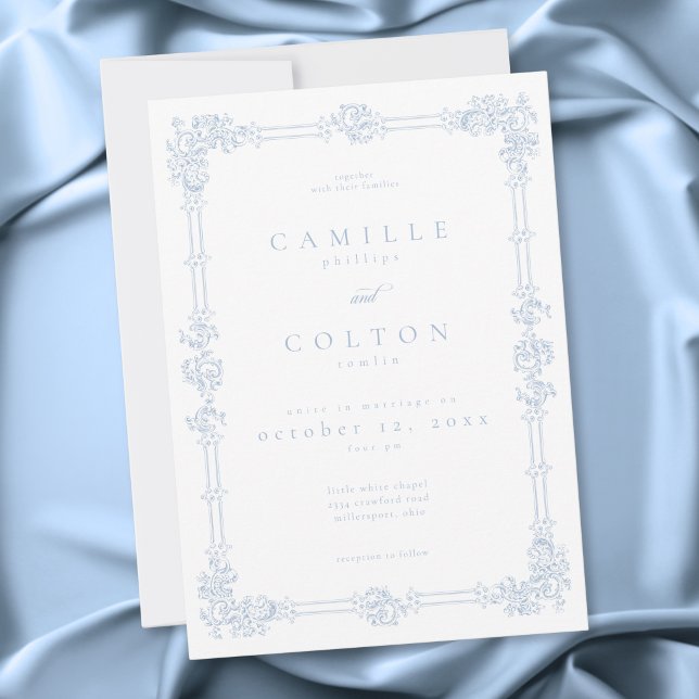 Elegant Vintage Barock Dammskenblå Bröllop Inbjudningar (Elegant Vintage Baroque Dusty Blue Wedding Invitation)