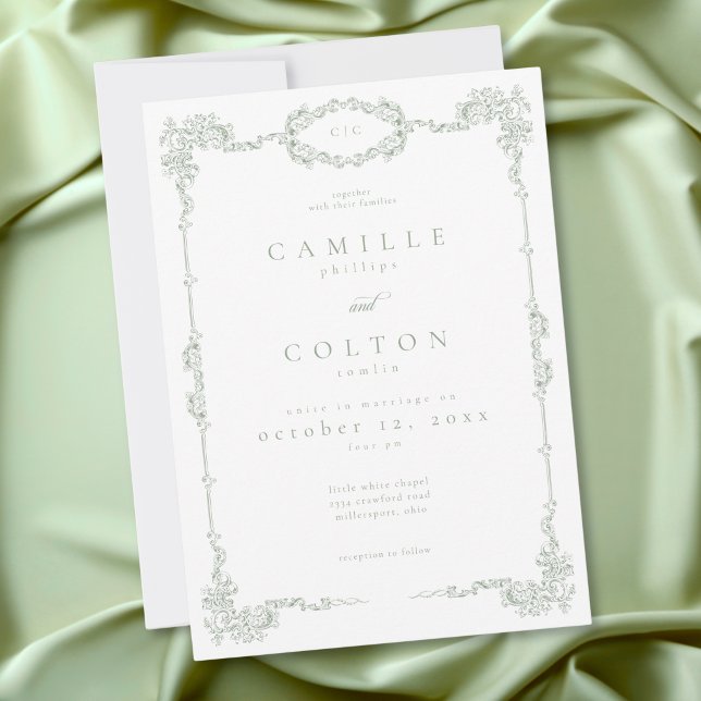 Elegant Vintage Barock Ljusgrön Bröllopsfest Inbjudningar (Elegant Vintage Baroque Sage Green Wedding Invitation)