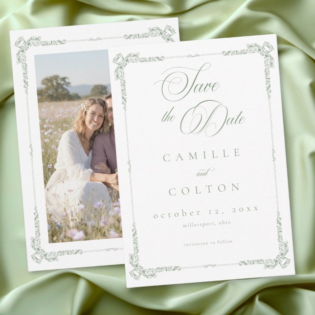 Elegant Vintage Barock Ljust Grön Bröllopsfoto Spara Datumet (Elegant Vintage Baroque Sage Green Wedding Photo Save The Date)