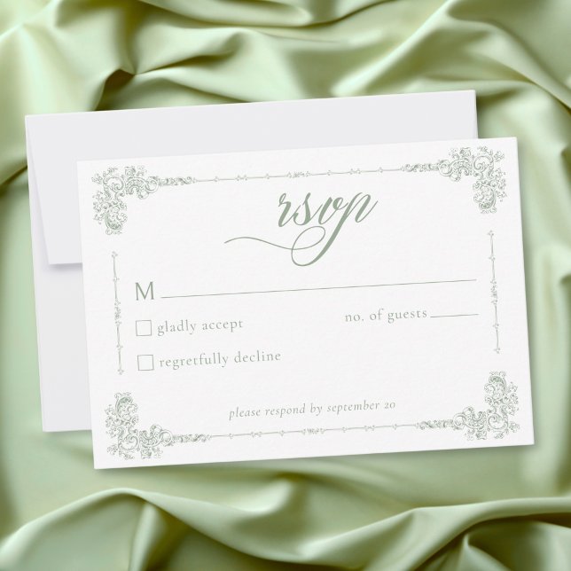 Elegant Vintage Barock Ljust Grön Bröllopsinbjudan OSA Kort (Elegant Vintage Baroque Sage Green Wedding RSVP Card)