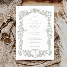 Elegant Vintage Baroque Blommigt Sage Ram Bröllop Inbjudningar