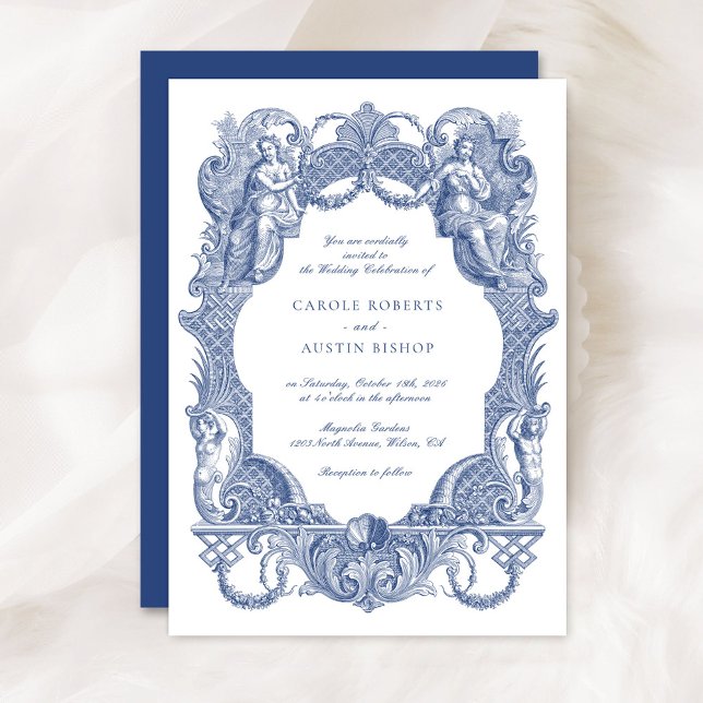 Elegant Vintage Baroque Blue Toile Ram Bröllop Inbjudningar (Skapare uppladdad)