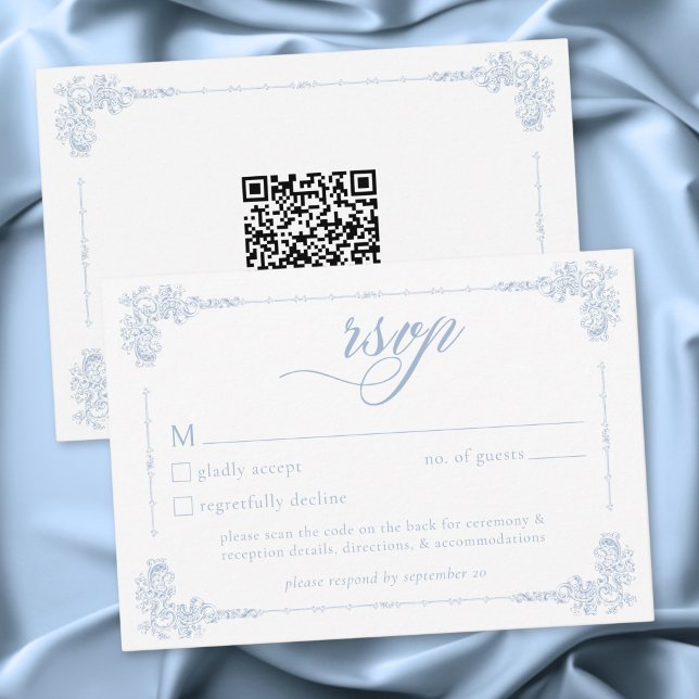 Elegant Vintage Baroque Dusty Blue Wedding QR OSA Kort (Elegant Vintage Baroque Dusty Blue Wedding QR Code RSVP Card)