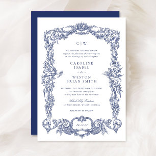 Elegant Vintage Baroque Fransk Blue Ram Bröllop Inbjudningar