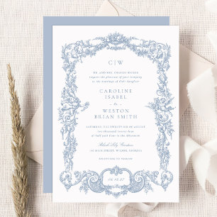 Elegant Vintage Baroque Fransk Blue Ram Bröllop Inbjudningar