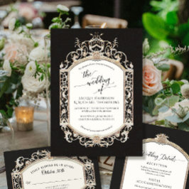Elegant Vintage Baroque Victorian Black White Guld Inbjudningar