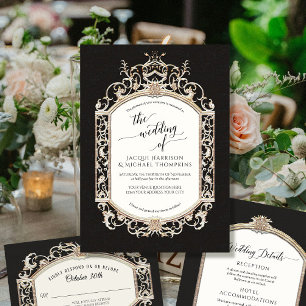 Elegant Vintage Baroque Victorian Black White Guld Inbjudningar
