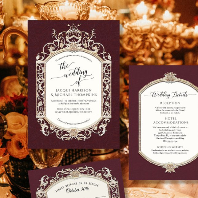 Elegant Vintage Baroque Victorian Burgundy Guld Inbjudningar (Skapare uppladdad)