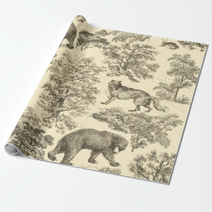 Elegant Vintage Bear Träd Beige Toile Sömlös Presentpapper