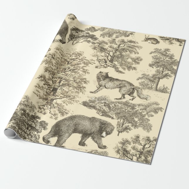 Elegant Vintage Bear Träd Beige Toile Sömlös Presentpapper (Utrullad)