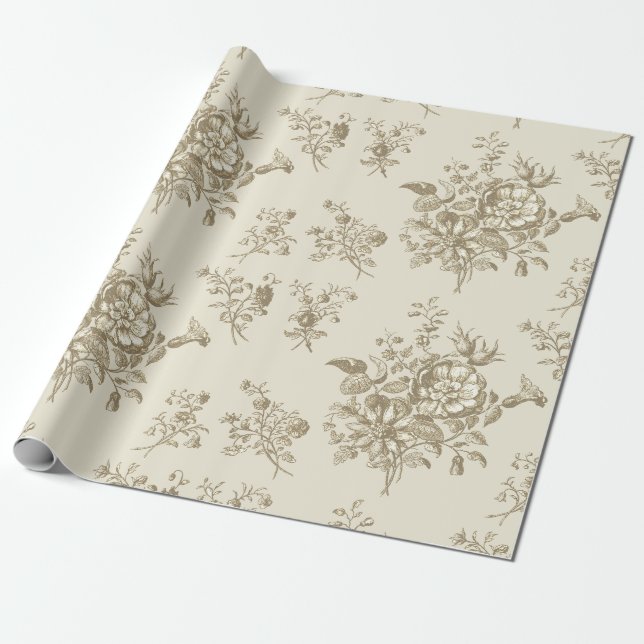Elegant Vintage Beige Guld Blommig Presentpapper (Utrullad)