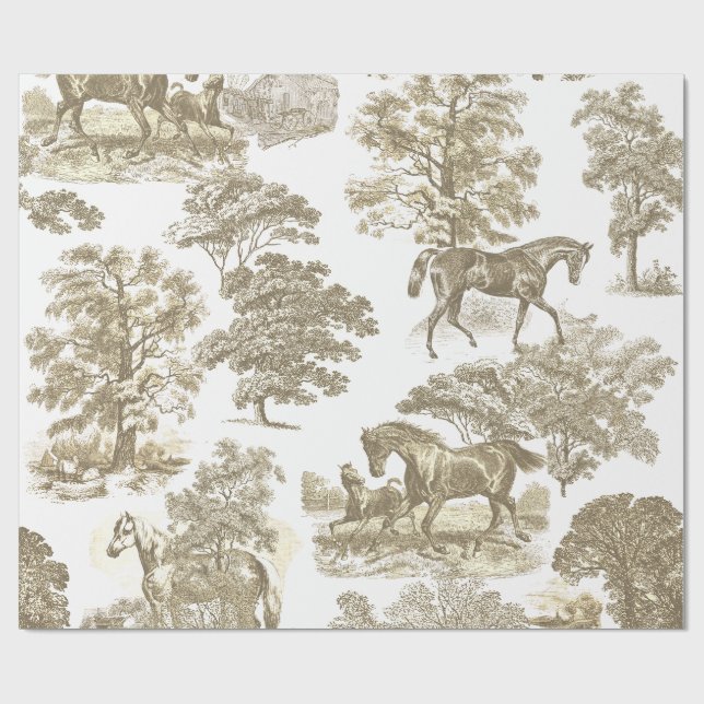 Elegant Vintage Beige Guld Hästar Toile Presentpapper (Platt)